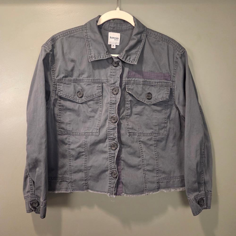 Kensie Jeans Women's Cropped Denim Utility Jacket, Size M, Gray, Fringe Hem